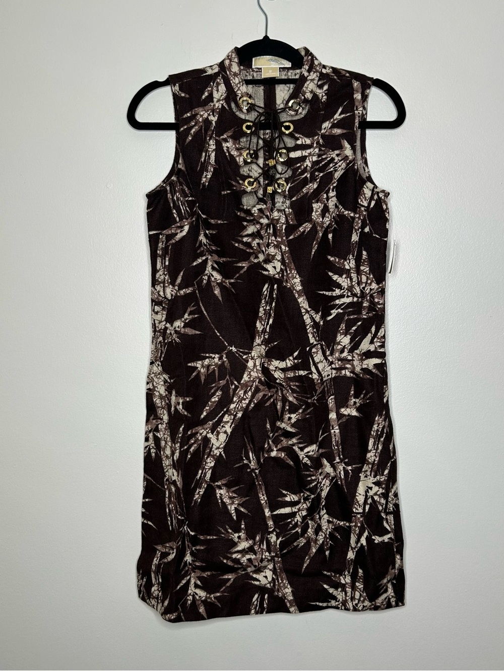 Sleeveless Brown & Cream Printed Shift Dress with Front Eyelet Detail